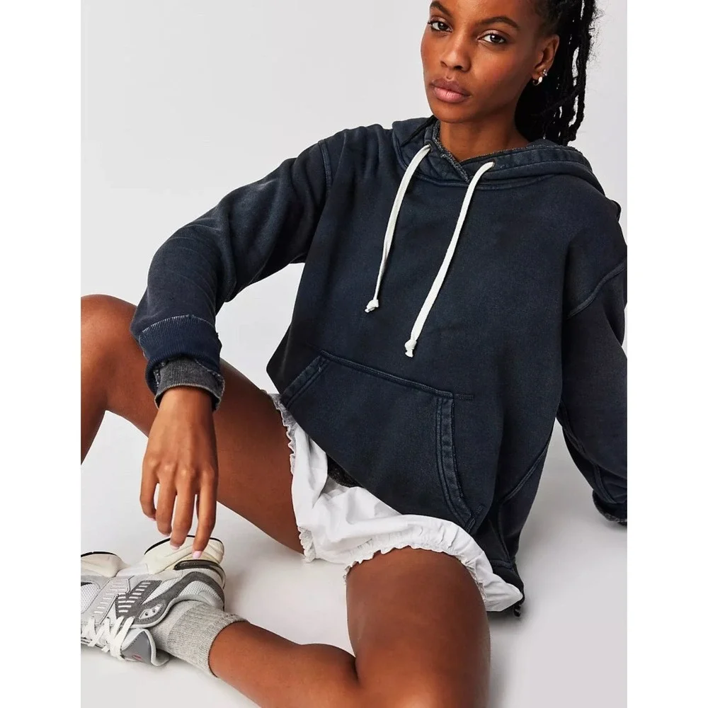 Free People We The Free Zuma Hoodie Washed Black Distressed Sweatshirt Small